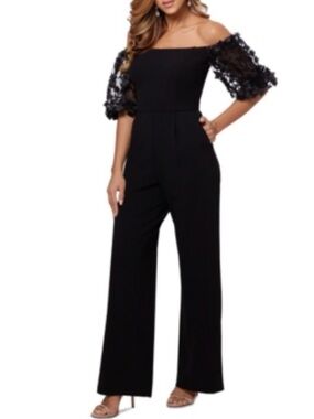 Xscape Black Off-Shoulder Jumpsuit with Embellished Puff Sleeves